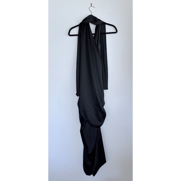 Arias New York Asymmetrical Draped Satin Crepe Halter Maxi Dress in Black Sz 12 - Picture 7 of 14